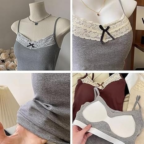 Fashiol grey cotton camisole with white lace and black ribbon bow
