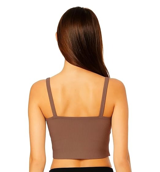 Front view of women’s brown ribbed crop camisole tank top