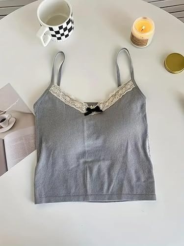 Fashiol grey cotton camisole with white lace and black ribbon bow