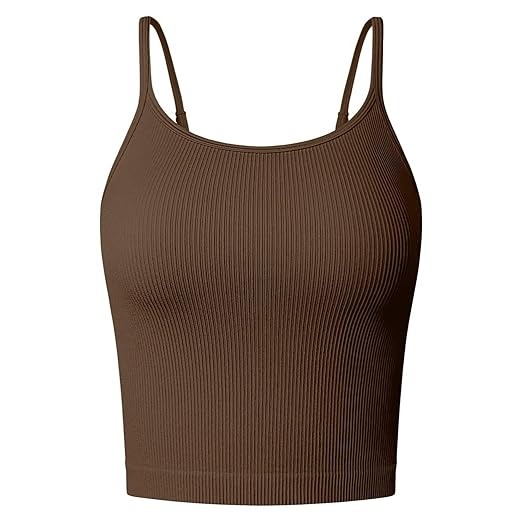 Front view of women’s brown ribbed crop camisole tank top