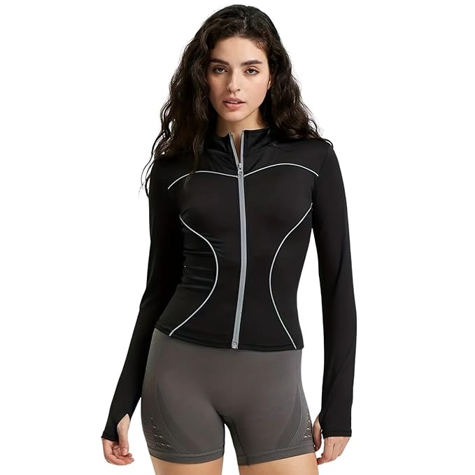 Lightweight sunblock jacket with zip closure and skin coverage.