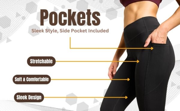 Front view of black high-waist gym tights with mesh detailing and side pocket.