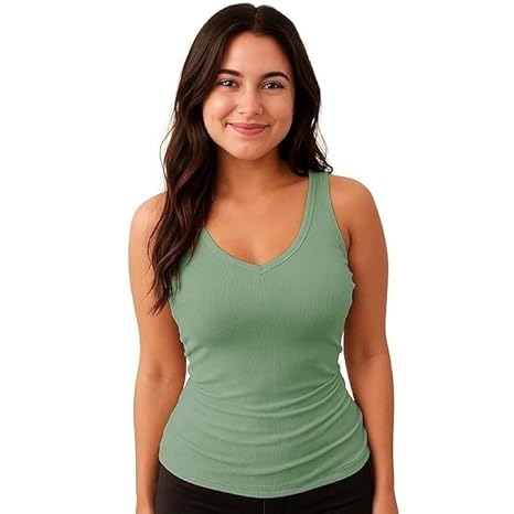 Woman wearing a sleeveless light green V-neck tank top with a fitted silhouette, smiling confidently.