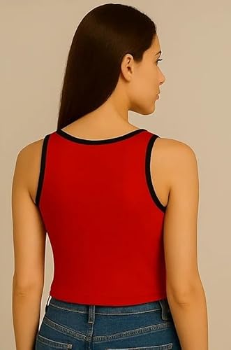 Red cropped tank top with bold print – casual and stylish women’s streetwear.