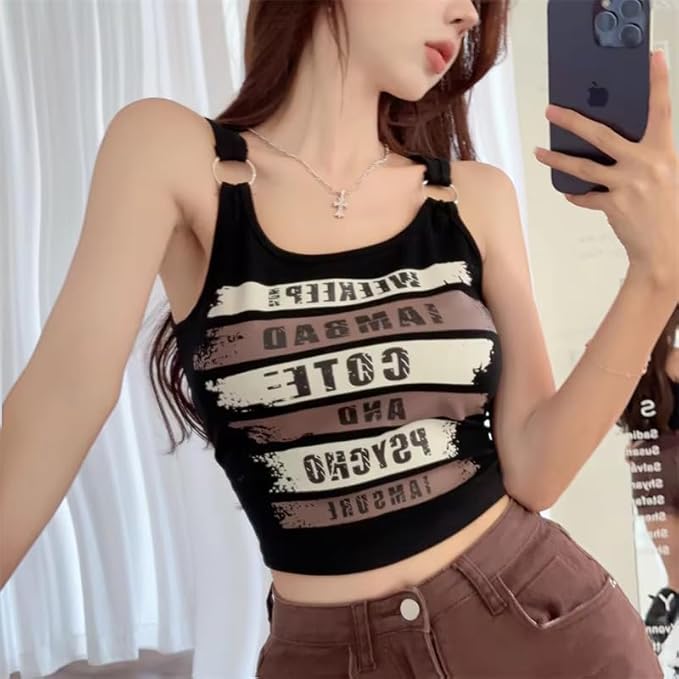 Black women’s sleeveless halter neck crop top with bold grunge text print and metal ring strap details.
