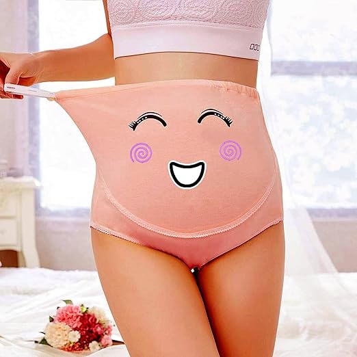 High-waisted maternity panties with cute smiley print for women, soft cotton stretch design for postpartum comfort