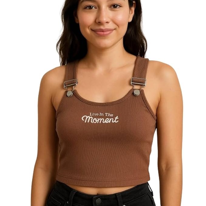 Fashiol brown ribbed crop top with embroidered front and buckle shoulder straps