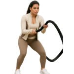 ELEG & STILANCE Women 3 Pcs Nylon Spandex Patchwork Design Gym Sportwear Set Butt Lift High Waist Legging Slim Fit Zipper UV Jacket Thumb Hole Racerback Padded Sports Bra