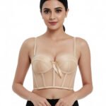 Fashiol Women Lace Longline Bra | Lightly Padded Bustier Style Innerwear | Adjustable Strap Comfortable Everyday Bra and Panty Set Black and Skin