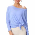 Women Long Sleeve Off Shoulder Pullover Loose Workout Top with Side Tie Slit Active Wear Yoga Shirt for Women