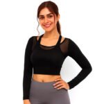 Fashiol Women’s 2-in-1 Sports Crop Top with Built-in Padded Bra, Racerback Mesh Workout Top for Yoga, Gym, Running, Fitness, Long Sleeve Athletic Crop Top