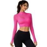 ELEG & STILANCE Women's Mesh Long Sleeve Crop Top | Sheer High Neck Layered Yoga Gym T-Shirt | Stylish Fitness Wear for Women | Lightweight Breathable Activewear