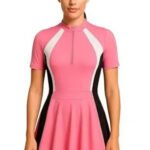 Fashiol Women's Frock Styled One Piece Swimwear Short Sleeves Front Zipper Closure Bodycon Swimsuit Knee Length Swimming Costume Dress