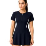 Fashiol Women's Frock Styled One Piece Swimwear Short Sleeves Front Zipper Closure Bodycon Swimsuit Knee Length Swimming Costume Dress