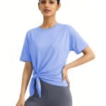 Khwaish Women Loose Fit T-Shirt with Side Slit & Tie | Short Sleeve Workout Top | Soft Stretchable Activewear T-Shirt for Yoga, Running & Casual Wear