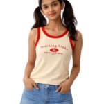 Khwaish Girls Sleeveless Padded Cotton Tank Top Round Neck Graphic Print Casual Summer Top for Teenage Girl & Above Soft Stretch Comfortable T-Shirt