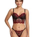 Fashiol Women Padded Floral Mesh Lingerie Set | Underwired Push-Up Bra and Thong 2 Piece Set