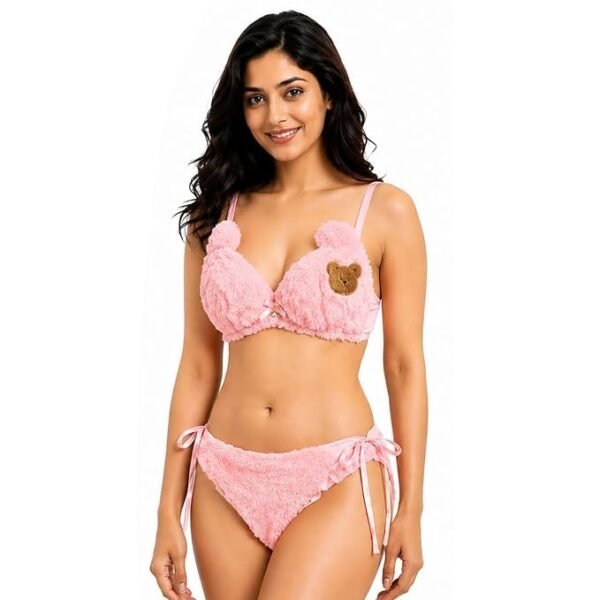 Fashiol Women Winter Soft Fluffy Teddy Bear Lingerie Set - pink