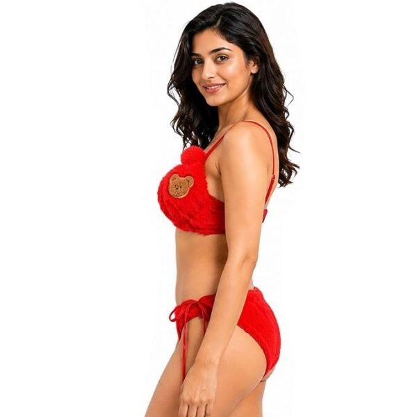 Fashiol Women Winter Soft Fluffy Teddy Bear Lingerie Set - red