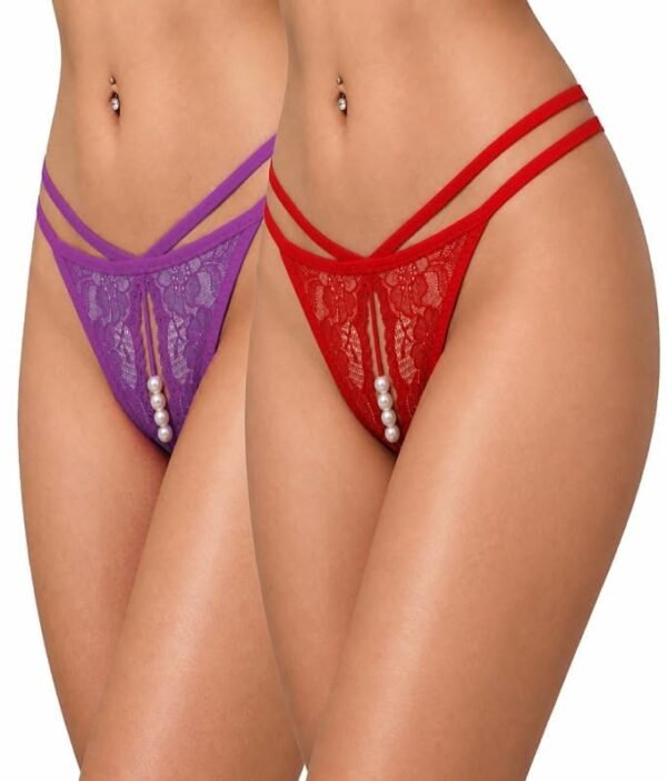 Fashiol women lace thong with pearl detail and butterfly rhinestone back, shown in purple and red