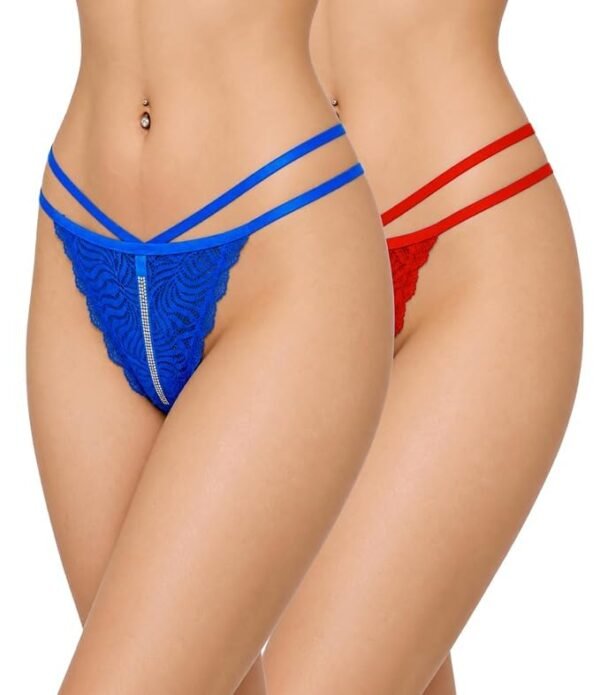 Fashiol women double strap V-shaped lace thong panty pack of 3 in blue and red