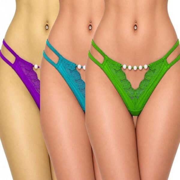 Fashiol women double strap pearl thong panty pack of 3 in purple, teal and green with pearl detail