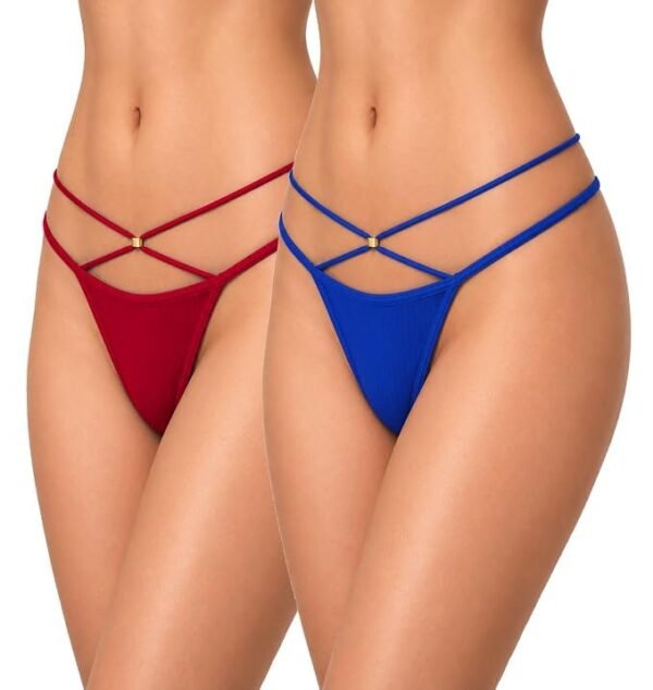 Fashiol women strappy gold ring thong pack of 3, red and blue double strap view
