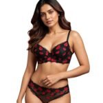 Fashiol Women's Padded Underwired Lace Bra and Panty Set with Red Lip Embroidery | Hipster Brief Lingerie Set - Black